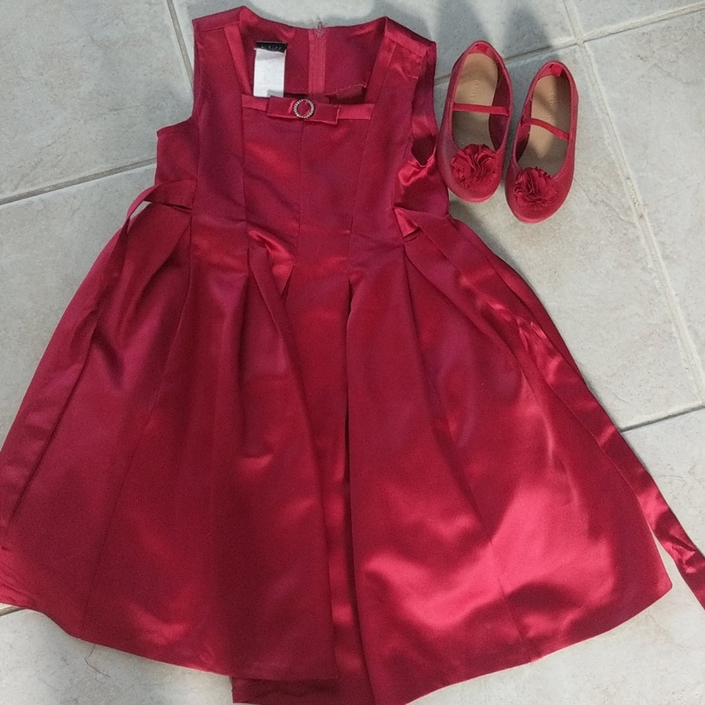 Girls 6t red silk dress and shoes